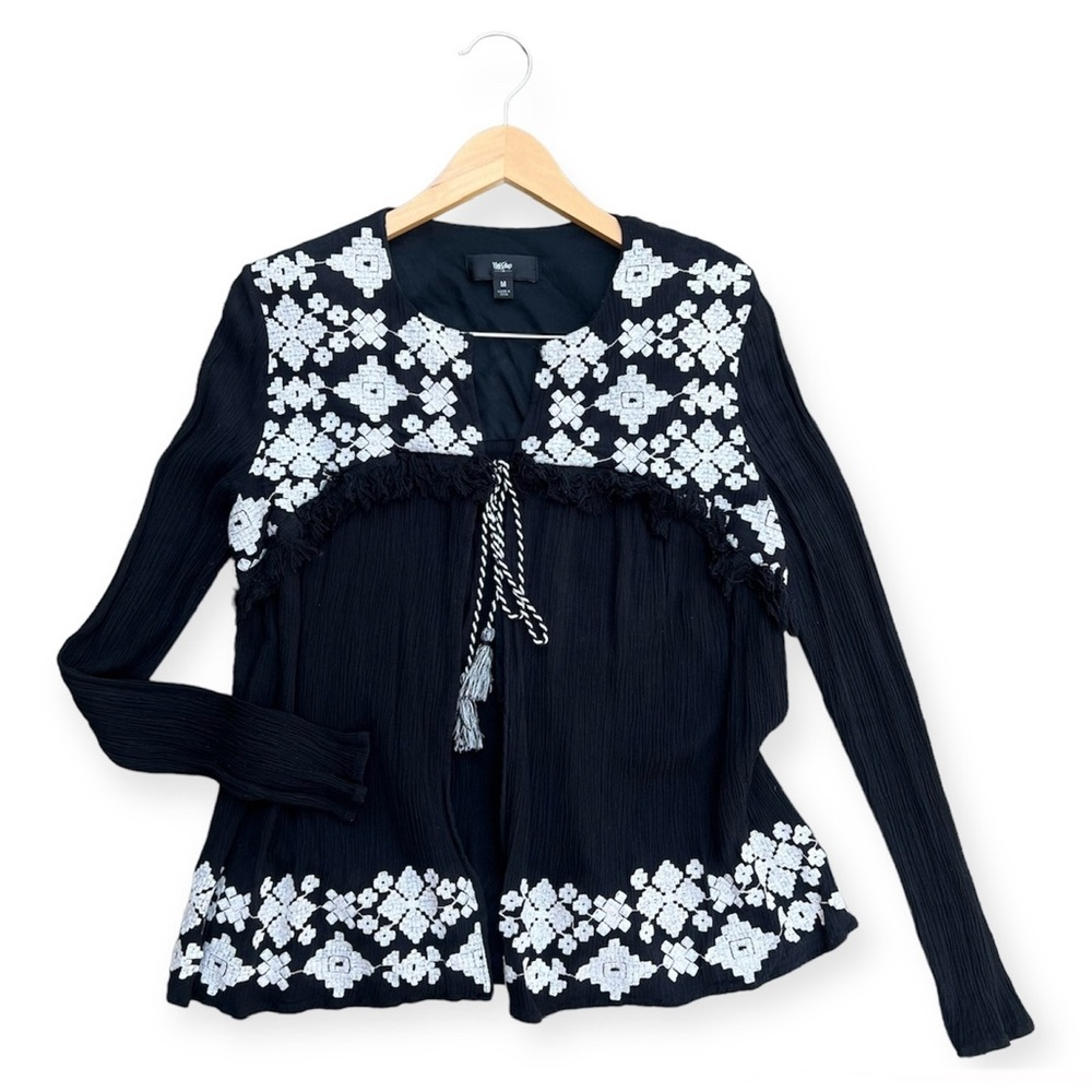 Black and white boho embroidered top with fringe, long sleeve, medium